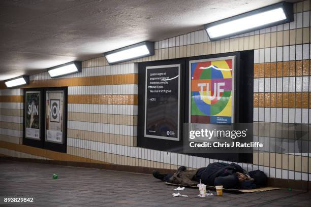 Homeless man sleeps in an under pass at Charing Cross on December 16, 2017 in London, England. Homeless charity Shelter have used official government...