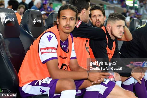 Riley Warland of the Glory sits on the bench during the round 11 A-League match between the Perth Glory and the Wellington Phoenix at nib Stadium on...