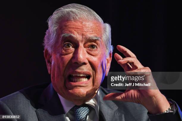 Peruvian writer Mario Vargas Llosa addresses a rally ahead of the forthcoming Catalan parliamentary election on December 16, 2017 in Barcelona,...
