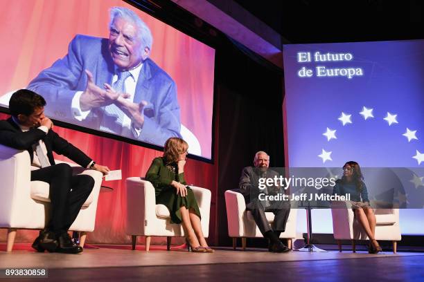 Peruvian writer Mario Vargas Llosa addresses a rally ahead of the forthcoming Catalan parliamentary election on December 16, 2017 in Barcelona,...