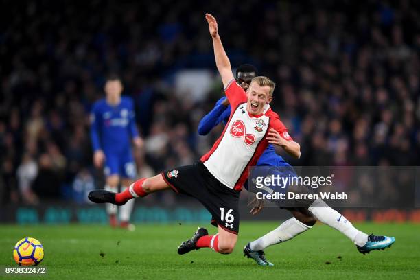 James Ward-Prowse of Southampton is tackled by Tiemoue Bakayoko of Chelsea during the Premier League match between Chelsea and Southampton at...