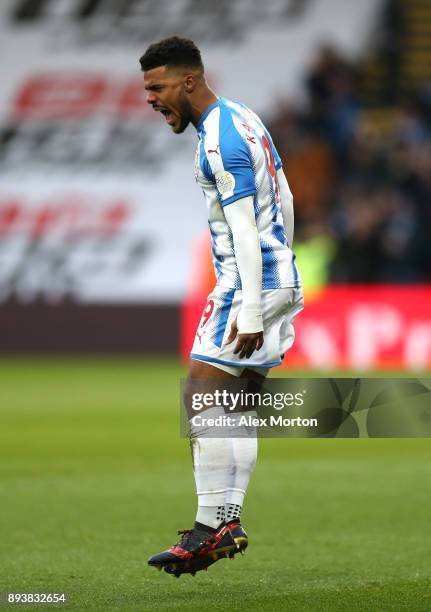 Elias Kachunga of Huddersfield Town celebrates after scoring his sides first goal during the Premier League match between Watford and Huddersfield...