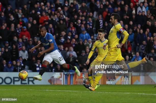 Alfredo Morelos of Rangers scores the opening goal during the Ladbrokes Scottish Premiership match between Rangers and St Johnstone at Ibrox Stadium...