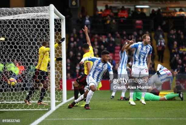 Elias Kachunga of Huddersfield Town celebrates after scoring his sides first goal during the Premier League match between Watford and Huddersfield...