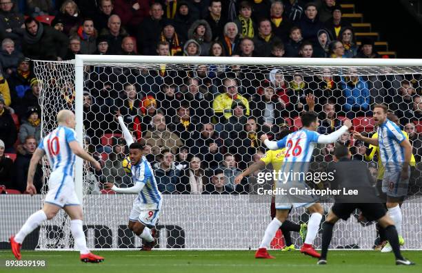 Elias Kachunga of Huddersfield Town celebrates after scoring his sides first goal during the Premier League match between Watford and Huddersfield...