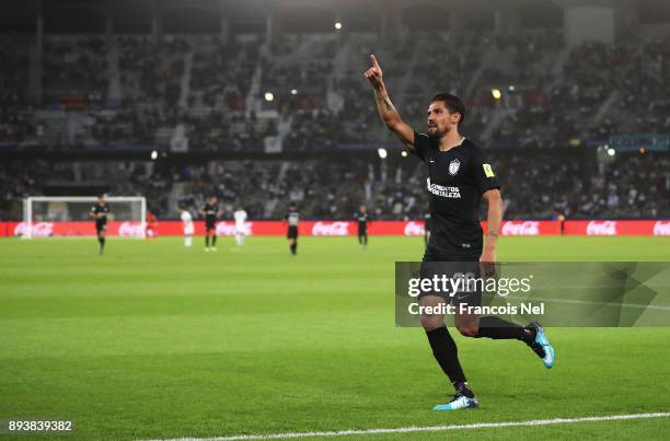 Franco Jara of CF Pachuca celebrates after scoring his sides second goal during the FIFA Club World Cup UAE 2017 third place play off match between...