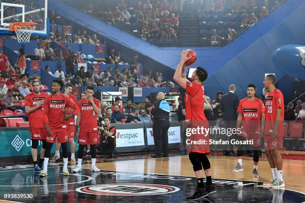 Lucas Walker of the Wildcats warms up before the round 10 NBL match between the Perth Wildcats and the Brisbane Bullets at Perth Arena on December...