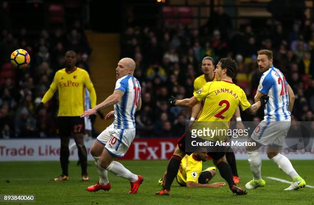 Aaron Mooy of Huddersfield Town scores his sides second goal during the Premier League match between Watford and Huddersfield Town at Vicarage Road...