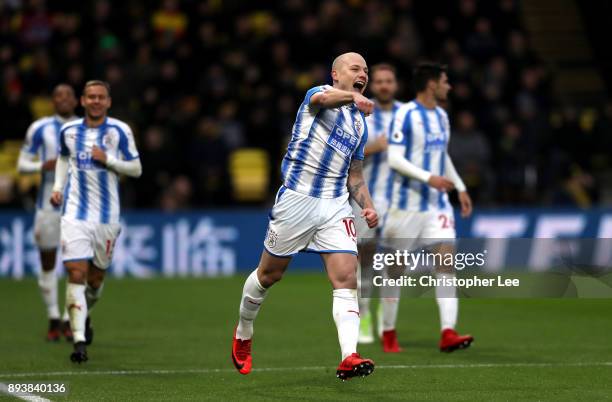 Aaron Mooy of Huddersfield Town celebrates after scores his sides second goal during the Premier League match between Watford and Huddersfield Town...