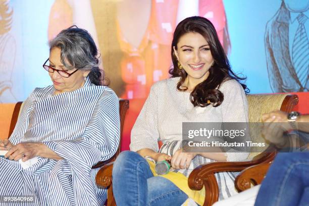 Bollywoood actor Soha Ali Khan with her mother and actor Sharmila Tagore during a launch of a book "The Perils of Being Moderately Famous", at Taj...