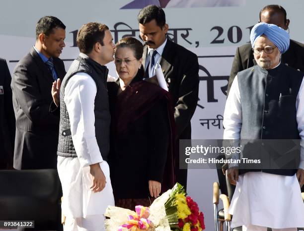 Newly appointed Congress President Rahul Gandhi with former Congress president Sonia Gandhi and former Prime Minister Manmohan Singh during an...