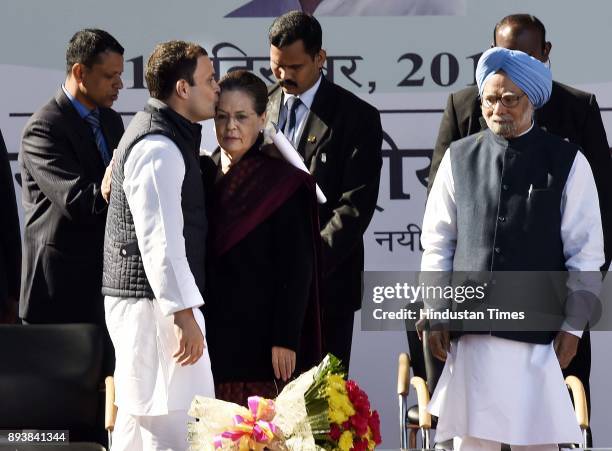 Newly appointed Congress President Rahul Gandhi with former Congress president Sonia Gandhi and former Prime Minister Manmohan Singh during an...