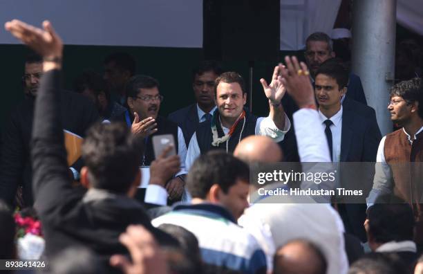 Newly elect Congress President Rahul Gandhi during an elevation event held at the lawns of the All India Congress Committee headquarters, on December...