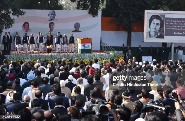 Newly elect Congress president Rahul Gandhi along with his mother and predecessor Sonia Gandhi, Former Prime Minister Manmohan singh during an...