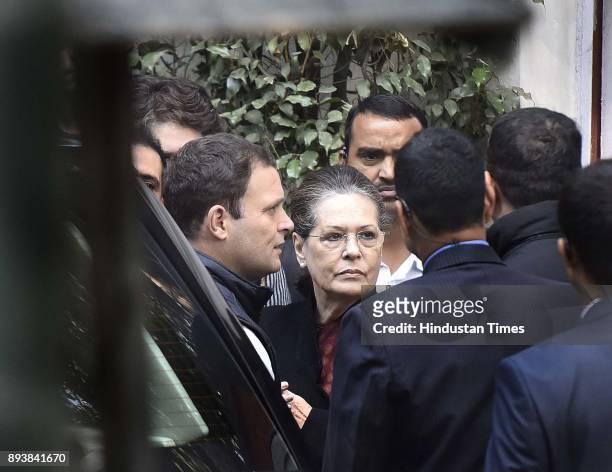 Former President of Indian National Congress Sonia Gandhi along with her son Rahul Gandhi arrives during newly elected Congress president Rahul...
