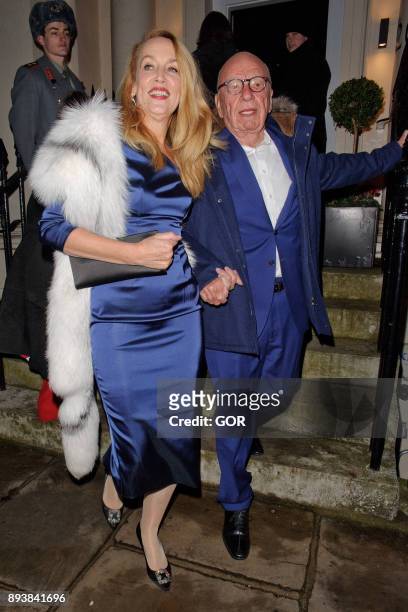 Jerry Hall and Rupert Murdoch leaving the Evgeny Lebedev Christmas party held at a private residence in North London on December 15, 2017 in London,...
