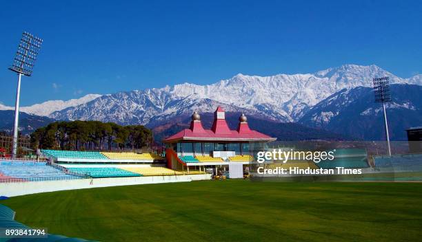 View of snow covered Dhauladhar Mountain range seen from HPCA stadium, on December 16, 2017 in Dharamsala, India. Northern India has turned into...