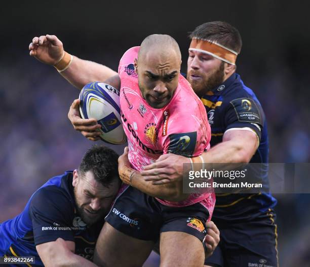 Dublin , Ireland - 16 December 2017; Olly Woodburn of Exeter Chiefs is tackled by Cian Healy, left, and Sean O'Brien of Leinster during the European...