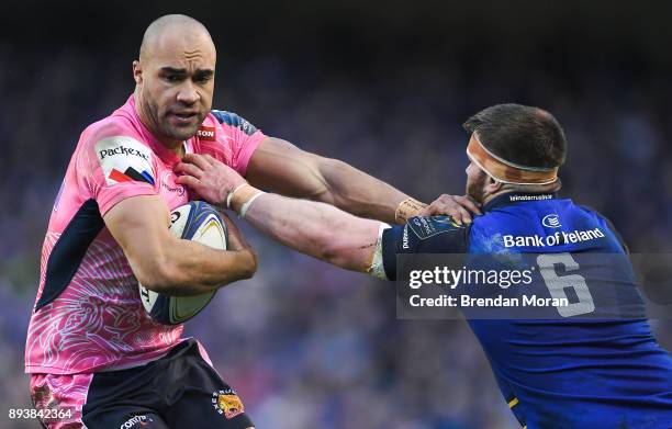 Dublin , Ireland - 16 December 2017; Olly Woodburn of Exeter Chiefs is tackled by Sean O'Brien of Leinster during the European Rugby Champions Cup...