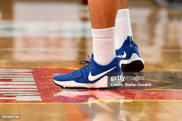 Detail view of shoes worn during the round 10 NBL match between the Perth Wildcats and the Brisbane Bullets at Perth Arena on December 16, 2017 in...