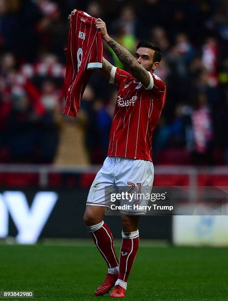 Marlon Pack of Bristol City celebrates after scoring his sides first goal by holding up a Bristol City shirt saying 'Ben 8' in reference to a young...