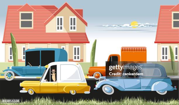 small town and car set - 1930 2017 stock illustrations