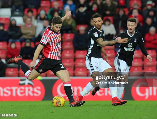 Adam Matthews of Sunderland has a shot during the Sky Bet Championship match between Sunderland and Fulham at Stadium of Light on December 16, 2017...