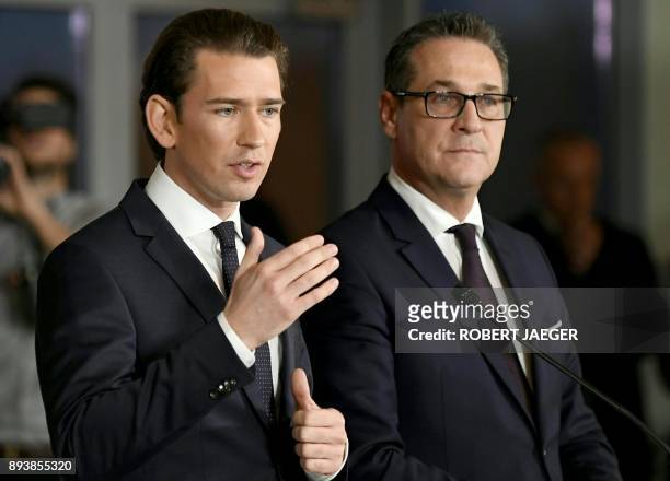 Future Austrian Chancellor Sebastian Kurz of the conservative People's Party and incoming vice-chancellor Heinz-Christian Strache of the far-right...