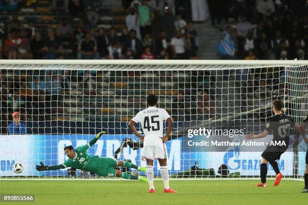 Angelo Sagal of CF Pachuca scores a penalty to make it 1-3 during the FIFA Club World Cup UAE 2017 third place play off match between Al Jazira and...