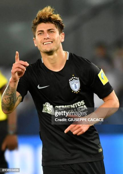 Pachuca's Chilean forward Angelo Sagal celebrates after scoring a penalty during the third-place play-off football match of the FIFA Club World Cup...