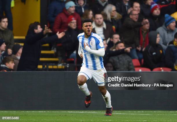 Huddersfield Town's Elias Kachunga celebrates scoring his side's first goal of the game during the Premier League match at Vicarage Road, Watford.