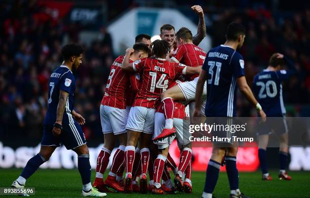 Marlon Pack of Bristol City celebrates his sides first goal with team mates during the Sky Bet Championship match between Bristol City and Nottingham...