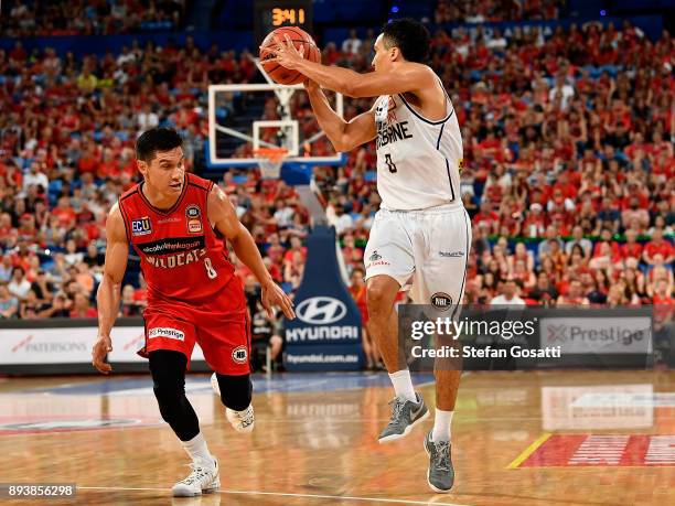 Travis Trice of the Bullets looks to pass the ball during the round 10 NBL match between the Perth Wildcats and the Brisbane Bullets at Perth Arena...