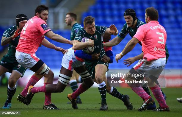 Tom Woolstencroft of London Irish makes a break during the European Rugby Challenge Cup match between London Irish and Stade Francais on December 16,...