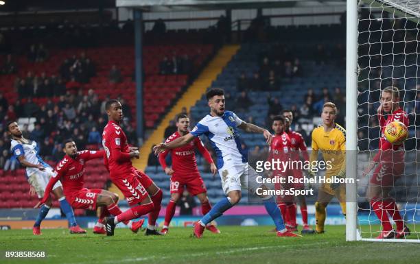 Blackburn Rovers' Derrick Williams misses an attempt at goal during the Sky Bet League One match between Blackburn Rovers and Charlton Athletic at...