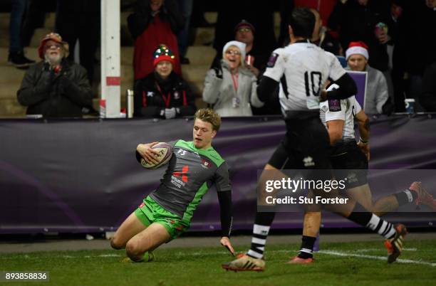 Ollie Thorley crosses for his third Gloucester try and Gloucester's ninth during the European Rugby Challenge Cup match between Gloucester Rugby and...