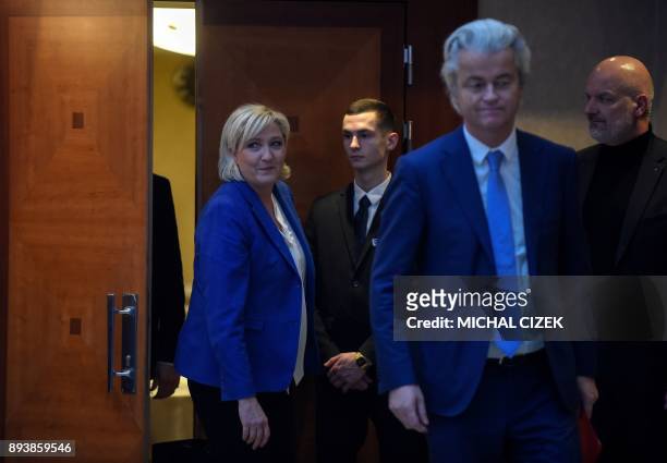 Marine Le Pen , head of French far-right National Front party, and Dutch far-right politician Geert Wilders of the PVV party arrive for a joint press...