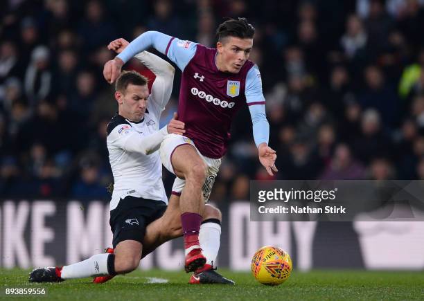 Andreas Weimann of Derby County fouls Jack Grealish of Aston Villa during the Sky Bet Championship match between Derby County and Aston Villa at iPro...