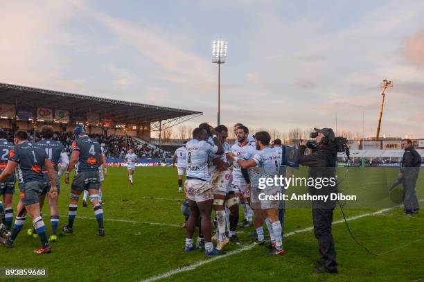 Virimi Vakatawa and team of Racing celebrates a try during the European Champions Cup match between Racing 92 and Castres at Stade Yves Du Manoir on...