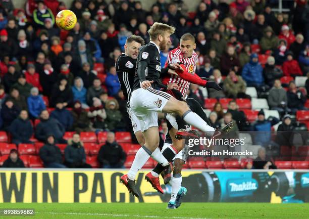 James Vaughn of Sunderland has a header saved by Fulham keeper Marcus Bettinelli during the Sky Bet Championship match between Sunderland and Fulham...