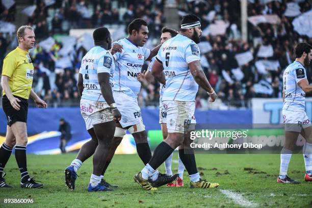 Leone Nakarawa and team of Racing celebrates a try during the European Champions Cup match between Racing 92 and Castres at Stade Yves Du Manoir on...