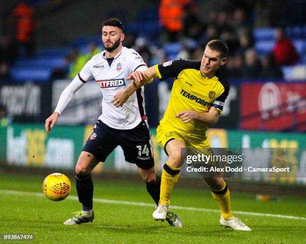 Bolton Wanderers' Gary Madine battles with Burton Albion's Jake Buxton during the Sky Bet Championship match between Bolton Wanderers and Burton...