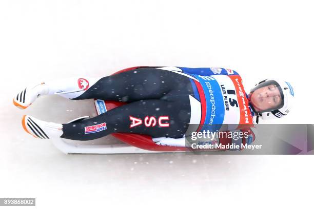 Erin Hamlin of the United States completes her first run in the Women's competition of the Viessmann FIL Luge World Cup at Lake Placid Olympic Center...