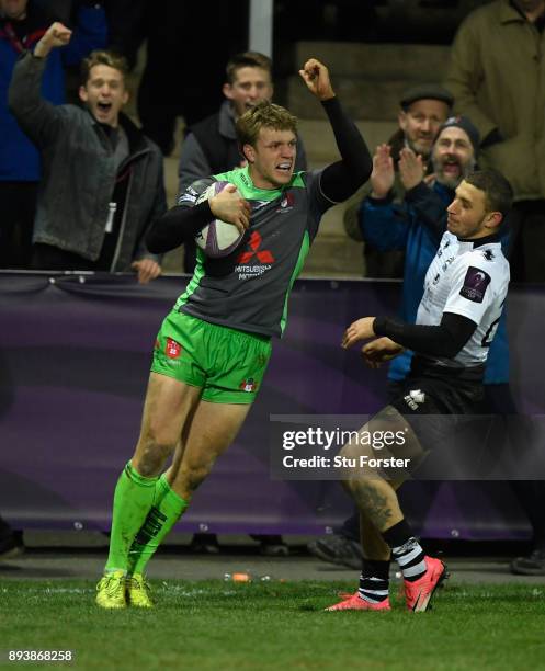 Ollie Thorley celebrates after scoring his fourth Gloucester try and Gloucester's tenth during the European Rugby Challenge Cup match between...