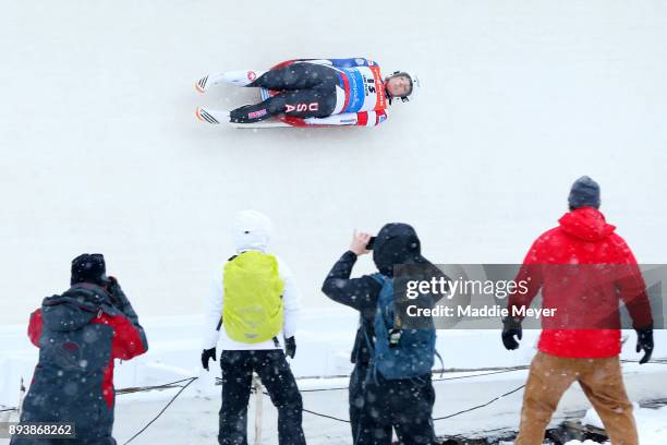 Erin Hamlin of the United States completes her first run in the Women's competition of the Viessmann FIL Luge World Cup at Lake Placid Olympic Center...