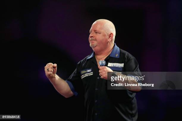 Robert Thornton of Scotland celebrates after winning his match against Brendan Dolan of Northern Ireland during day three of the 2018 William Hill...