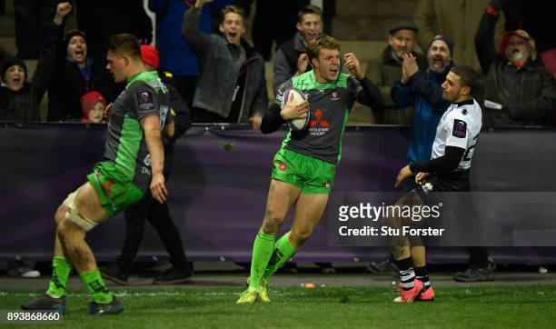 Ollie Thorley celebrates after scoring his fourth Gloucester try and Gloucester's tenth during the European Rugby Challenge Cup match between...