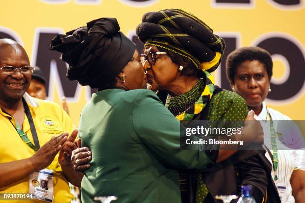 Nkosazana Dlamini-Zuma, presidential candidate of the African National Congress party , left, embraces Winnie Madikizela-Mandela, wife of former...