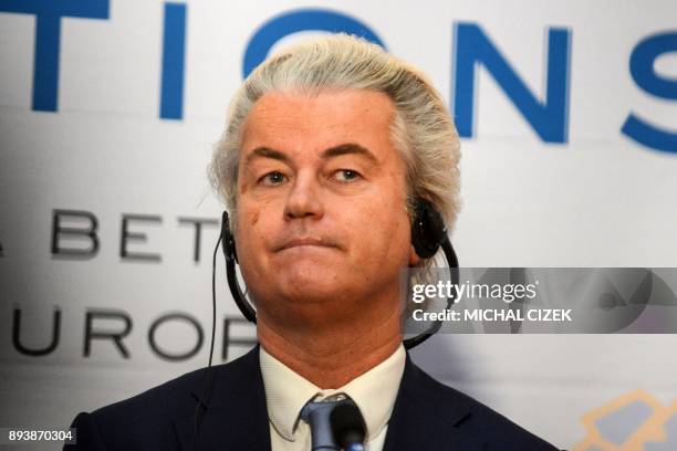 Dutch far-right politician Geert Wilders of the PVV party listens during a joint press conference with French and Czech far-right leaders during a...