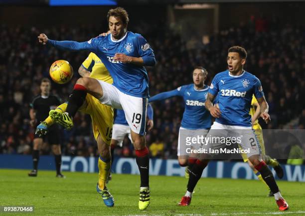 Niko Kranjcar of Rangers vies with Paul Paton of St Johnstone during the Ladbrokes Scottish Premiership match between Rangers and St Johnstone at...